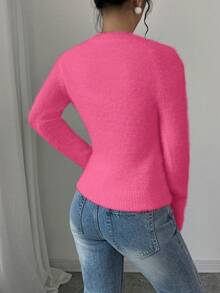 Rafferiza Solid Color Round Neck Raglan Sleeve Fitted Casual Knit Pullover Sweater - Hot Pink - View 2