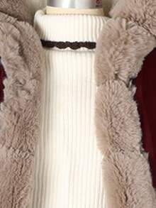 SHEIN 1 件女童蓬松连帽长袖中长外套，舒适简约设计，适合冬季