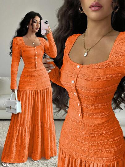 Selianne Women's Pink Textured Fabric Casual Vacation Style Long Sleeve Square Neck Button-Up Top And Maxi A-Line Skirt 2-Piece Set, Autumn