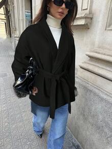 Aloruh Trendig svart överrock med fuzzy cuff, höst/vinter - Svart - Visa 4