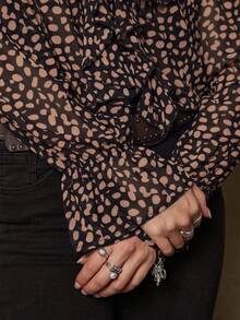 Freevana Plus Size Elegant Vintage Polka Dot Black Ruffle Collar Long Sleeve Blouse - Black - View 8