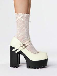 ROMWE Goth Giày cao gót đế dày gợi cảm cho nữ, thời trang xuân/thu, màu trơn, khóa đôi bằng kim loại, giày cao gót Mary Jane - Màu be - Xem 4