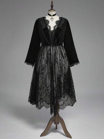 Goth Blusa larga de talla grande con cuello en V profundo, bajo asimétrico, parches de encaje y terciopelo, estilo palacio gótico