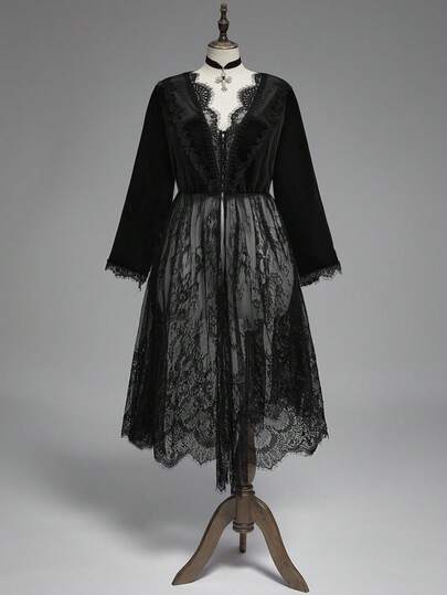 Goth Gothic Palace Style Lace Patchwork Velvet Asymmetrical Hem Deep V Neck Plus Size Long Top