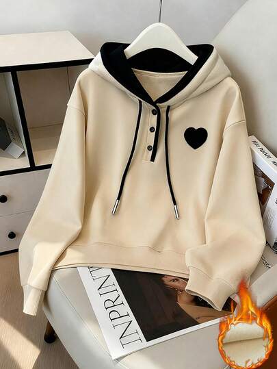 Resyla 复古休闲宽松连帽衫，饰有刺绣爱心，抽绳设计，撞色拼接，加厚卫衣，女士秋冬款