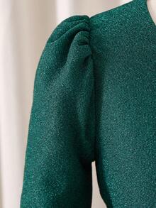 女童优雅针织金属丝圆领泡泡袖连衣裙，奢华百搭，适合日常穿着、派对、宴会等场合。 - 墨綠色 - 查看 7