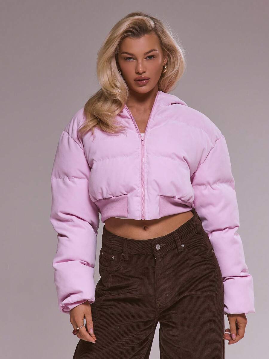 MUSERA Bow Detail Cropped Puffer Jacket Winter Cute Casual Cosy Spring Valentines Day - Pink - View 1
