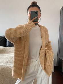 Livesso Damen Einfarbige Lose Gestrickte Lässige Kapuzenjacke, Herbst - Khaki - Übersicht 1