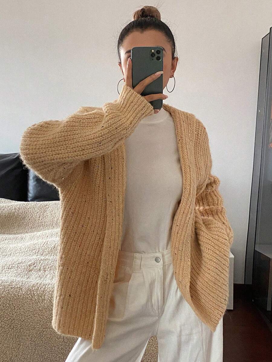 Livesso Damen Einfarbige Lose Gestrickte Lässige Kapuzenjacke, Herbst - Khaki - Übersicht 1