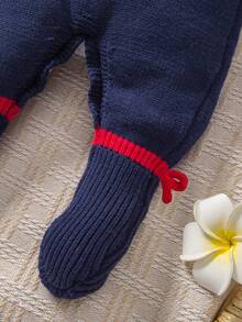 SHEIN Baby Girl Blue Knitted Sweater Jumpsuit With Embroidered And Bow Decorations And Patterns. For Spring, Autumn And Winter. - Royal Blue - View 10