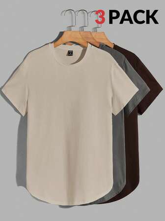 GENTILAND Herr 3-delad stickad enfärgad rundhalsad t-shirt med kort ärm, sommar