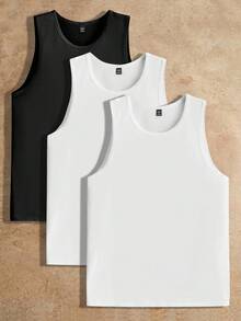 HIMLAND 3pcs Pack Men's Knitted Casual Top Men Tank Tops Pack Men Sleeveless T-Shirts White Tank Top Men Multi Pack Men Tops Sleeveless Men Tank Tops Multi Pack Men Sleeveless Tops - Black and White - View 13