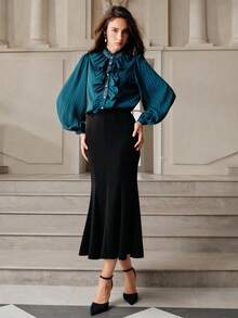 Anewsta Savoree Women's Elegant Beaded & Rhinestone Embellished Long Sleeve Blouse With Ruffled Hem, Emerald Green - Blue - View 6