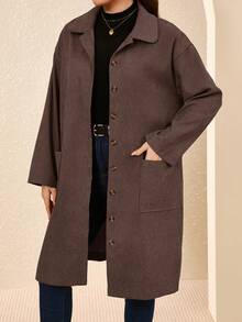 EMERY ROSE 加大码乡村服装女式灯芯绒双口袋纽扣门襟中长外套，秋季女装 - 棕色 - 查看 4