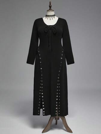 Goth Abito lungo nero stile gotico punk taglie forti, abito lungo da donna taglie forti per autunno/inverno, abito con spacco laterale e borchie in metallo