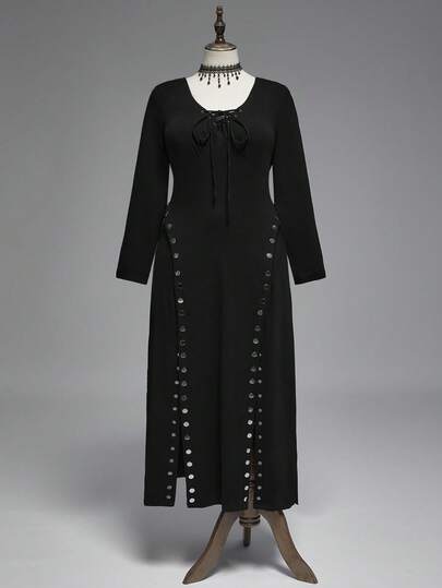 Goth Vestido largo negro de estilo gótico punk talla grande, vestido largo de talla grande para mujer en otoño/invierno, vestido con abertura lateral y remaches metálicos