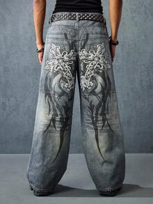 ROMWE MEN Goth Men's Cross Pattern Wide Leg Casual Loose Street Jeans - Dark Wash - View 6