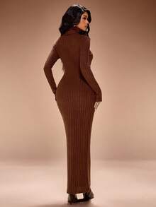 Radiana Vestido longo feminino sexy, minimalista e elegante, marrom café, com gola alta e textura canelada felpuda. Confeccionado em malha de alta elasticidade, modelagem que valoriza a silhueta. Estilo minimalista, confortável e versátil, ideal para passeios casuais, trabalho, festas e até mesmo para o Dia de Ação de Graças. - Castanho Café - Ver 6