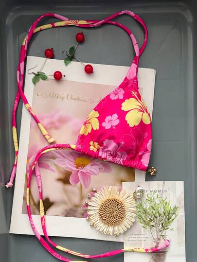 Swim Mod Top de bikini triangular con escote en V, sin espalda y decoración metálica con estampado circular, para mujer, primavera/verano