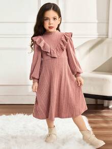 少女领口荷叶边下摆长袖A字连衣裙 - 藕粉色 - 查看 3