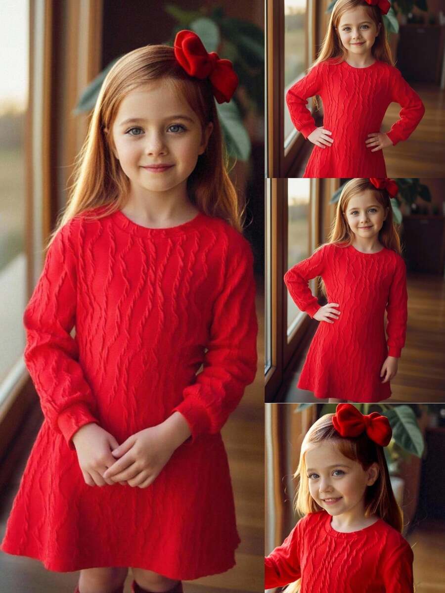 SHEIN 年轻女孩休闲纹理宽松圆领连衣裙，秋季 - 紅色 - 查看 1