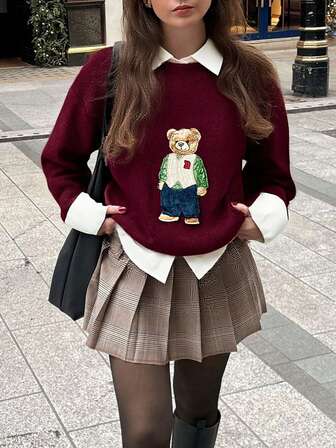 Briarwyn Women's Bear Embroidery Crew Neck Long Sleeve Sweater,Winter For Women, Christmas,Christmas Sweater,Old Money Style Women,Preppy Style,Christmas Sweater Women,Red Top,Christmas Sweater