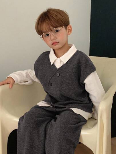 DAZY 2 件套幼儿男童简约无袖上衣和直筒裤休闲装，宽松版型，秋季