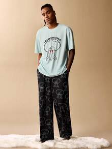 SpongeBob SquarePants | SHEIN Men Comfortable Cartoon Graphic Top & Pants Loungewear Set - Mint Blue - View 3