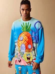SpongeBob SquarePants | SHEIN Men's Casual Cartoon Pattern Long Sleeve Top And Pants Loungewear Set, Autumn, Winter Clothes - Blue - View 4