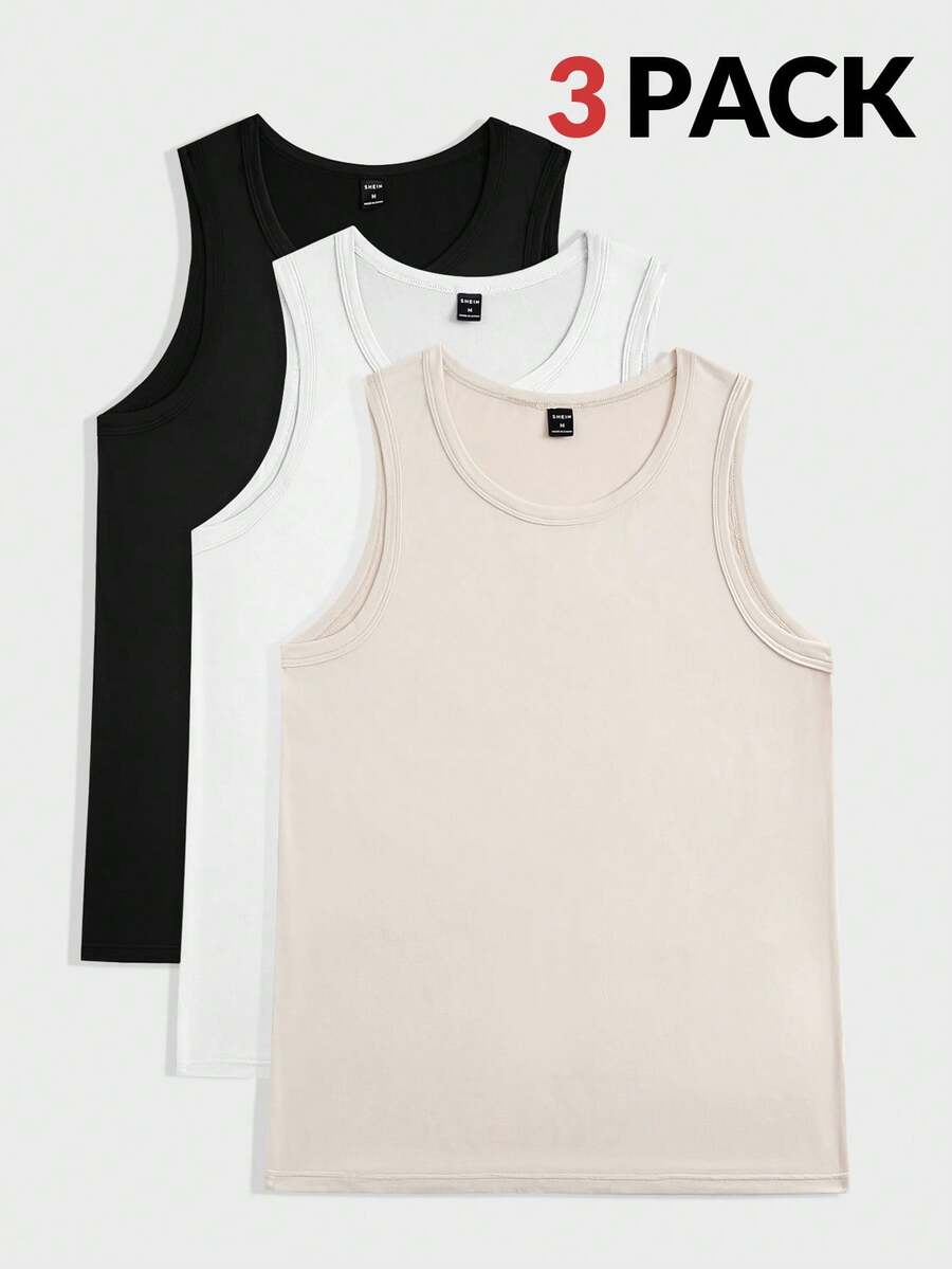 SWAVVY 3pcs Pack Men's Knitted Casual Round Neck Tank Top - Khaki - View 1