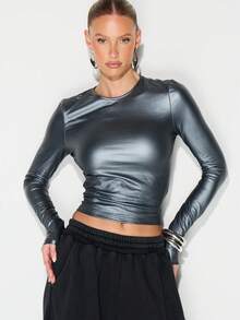 KIZN Metallic Long Sleeve Fitted Top With Crew Neck For Fall Winter Evening Wear - Grey - View 5