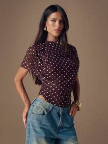 SHEIN BAE 棕色波点高领褶皱优雅连体衣，适合鸡尾酒会、浪漫约会、秋冬季内搭、聚会、派对、正式活动、万圣节、圣诞节等场合。 - 棕色 - 查看 4