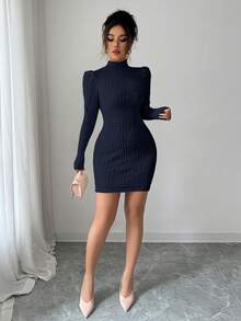 Elenzga Vestido de suéter de mujer con cuello alto, elegante, de Body ceñido y textura acanalada en la cintura - Azul Marino - Ver 5