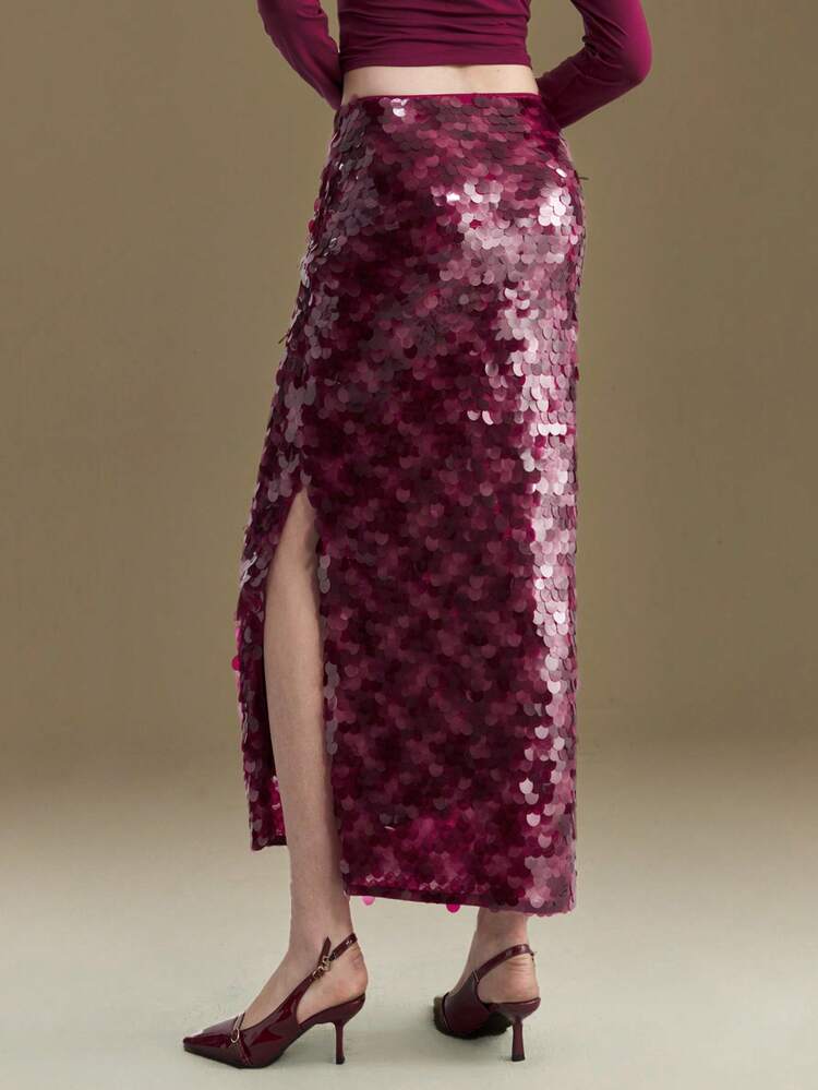 Women's Burgundy Sequin Skirt,Autumn Seductive Night Out Shiny Glittering H-Line Side Slit Elegant Party Christmas New Year Atmosphere Cruise Attire