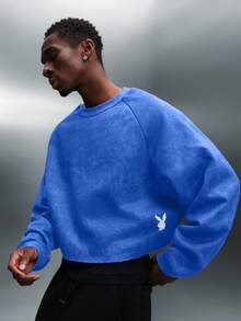 PLAYBOY X SUMWON Essentials Washed Effect Cropped Long Sleeve Sweatshirt With Ribbed Crew Neck And Raglan Sleeves - Blue - View 6