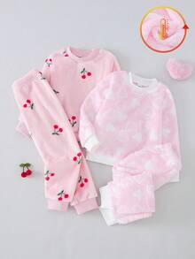 Set de 2 piezas de pijama con top de manga larga y pantalones con estampado de corazón y cereza, diseño minimalista y lindo para niña joven - Multicolor - Ver 3
