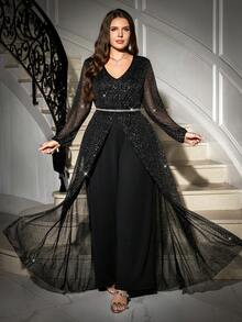 Gownix Curvy Plus-Size Women's Romantic And Elegant Party Jumpsuit, Black V-Neck With Sheer, Shimmering Silver-Stamped Mesh, Lantern Sleeves, Fitted Waist, Cape Style, Long Length, Made Of High-Quality, High-Elasticity Knit Fabric,Formal Jumpsuits For Women, New Year Women's Clothes , New Year Look , Elegant Dresses For Party , Curvy Party Dresses,Going Out ,Graduation Dress For Women ,Long Graduation Dress , Elegant Long Ball Gown , Prom Dresses For Women , Formal Ball Gowns For Women , Prom Dress Plus Size,Sparkly Dress ,Sequin Dress,Night Out,Date Night Outfits Women,Mother Of The Bride Dresses For Wedding,Formal Dresses For Women ,Luxury Dress,Chic Evening Dress ,Black Formal Dress For Women/Winter,Christmas And New Year,Party,2025 New,Elegant Party Dress,Women's Formal Wear ,Christmas,New Year,Hanksgiving Outfit For Women,Elegant Dresses For Women, Stylish Clothing Collection - Black - View 3
