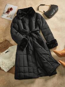 Anewsta Thick Long Fluffy Fur Collar Quilted Women Jacket - Black - View 1