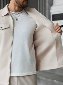 Manfinity Homme Men's Casual Solid Color Jacket And Pants Set Men's Knitted Set Men's Co Ord Set Cream Outfit Men Beige Men Outfit - Apricot - View 7