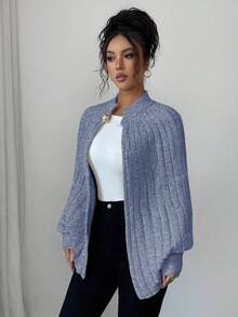 Elenzga Áo len cardigan dệt kim kiểu dáng quý cô thanh lịch, sang trọng, cao cấp, thiết kế nút kim loại hở xẻ tối giản dành cho nữ, mùa thu/đông - Màu xanh lam - Xem 6