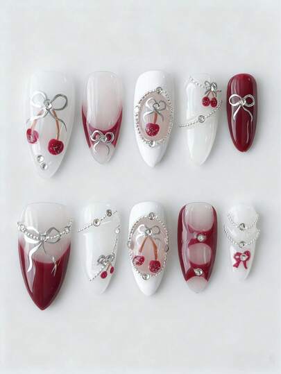 ROMWE Kawaii 10 Pieces Of Cute Style Cherry-Shaped Handmade Fake Nails + 3 Pieces Of Double-Sided Tape, Y 2 K Removable Bow Element Sticker Diamond Sticker Beads, Medium Almond-Shaped Hand-Painted Nail, High-Quality Fashionable Fruit Color Matching Nail Art, Suitable For Festivals, Parties, Dancing And Daily Wear