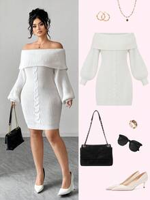 Elenzga Women's Elegant Off Shoulder Long Sleeve Loose Knit Sweater Dress, Suitable For Outings, Wedding Guests, Autumn/Winter
