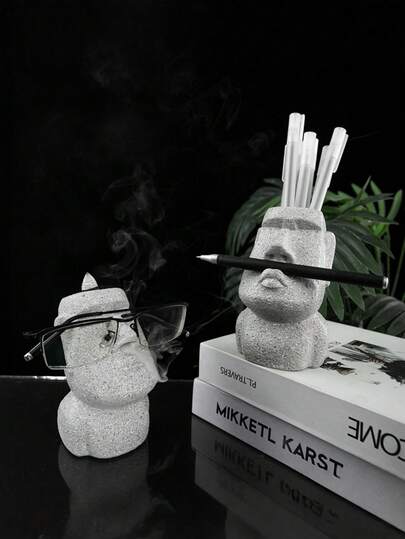 Zazumi 1PC Viral Funny Moai Statue Pen Holder & Glasses Stand, Creative Desktop Organizer With Backflow Incense Burner, Novelty Home Office Decor For Men, Cool Stress Relief Gadget Gift Idea