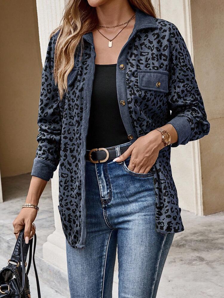 Plus Size Women Leopard Print Patchwork Shirt Style Jacket, Autumn/Winter