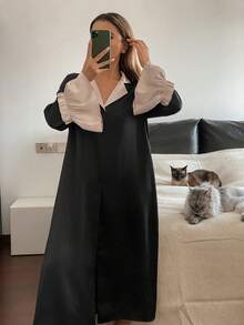 DAZY Women's Contrast Color Ruffle Hem Patchwork Nightgown, Winter, Moo Moo Night Dress - Black - View 5