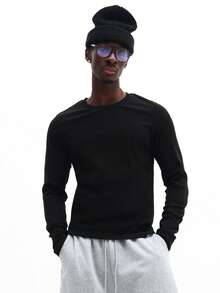 Camiseta de manga larga de cuello redondo con ajuste ceñido SUMWON, de punto acanalado, de color liso, para uso casual en invierno y otoño - Negro - Ver 3