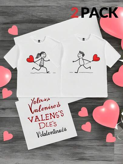 Manfinity VCAY 2pcs/Set Couple's Casual Loose Fit Cartoon Character & Heart Print Short Sleeve T-Shirt