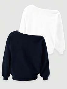 Sparklyn 2pcs/Set Teen Girl Casual Fashionable Thermal Lined Oblique Shoulder Comfortable Versatile Long Sleeve Sweatshirt, Autumn/Winter - Multicolor - View 2