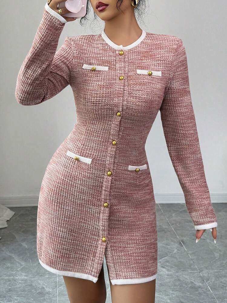 Women's Elegant Contrast Color Patchwork Faux Pocket Round Neck Short Dress, Autumn