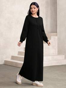 Graceveil 女士休闲纹理面料圆领宽松长款卫衣，绿色，秋冬 - 黑色 - 查看 5